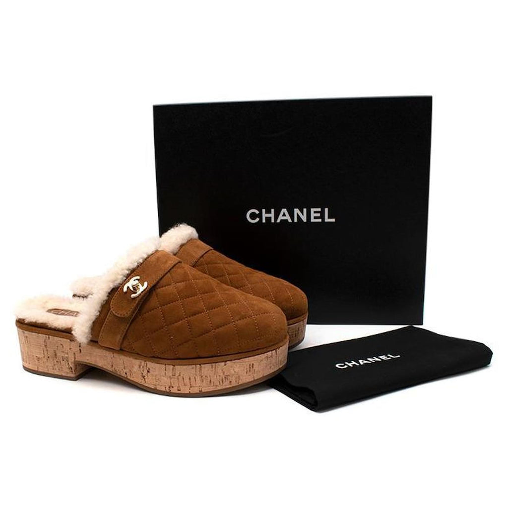 CHANEL SUEDE TURNLOCK CC LOGO SHEARLING MULE CLOGS