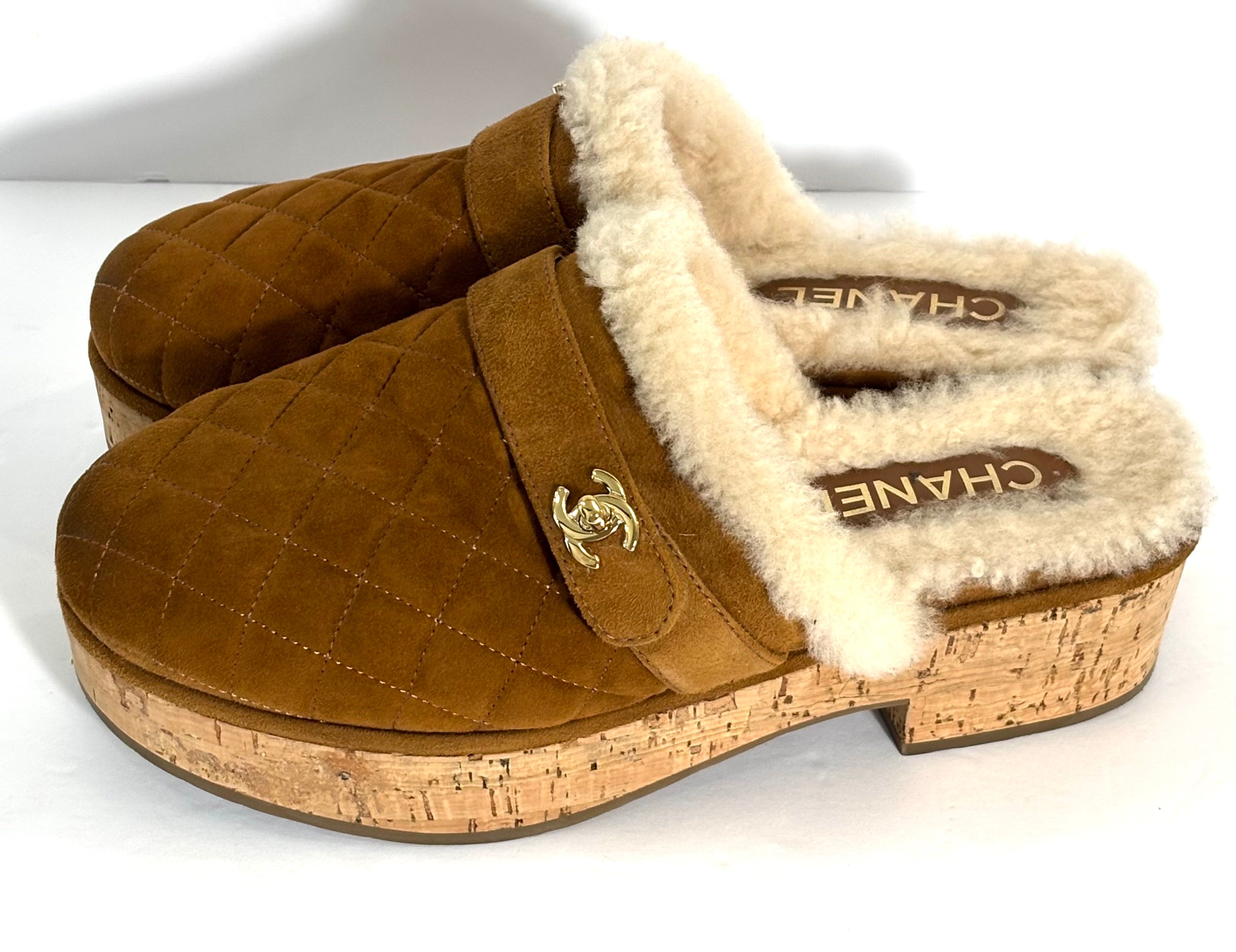 CHANEL SUEDE TURNLOCK CC LOGO SHEARLING MULE CLOGS