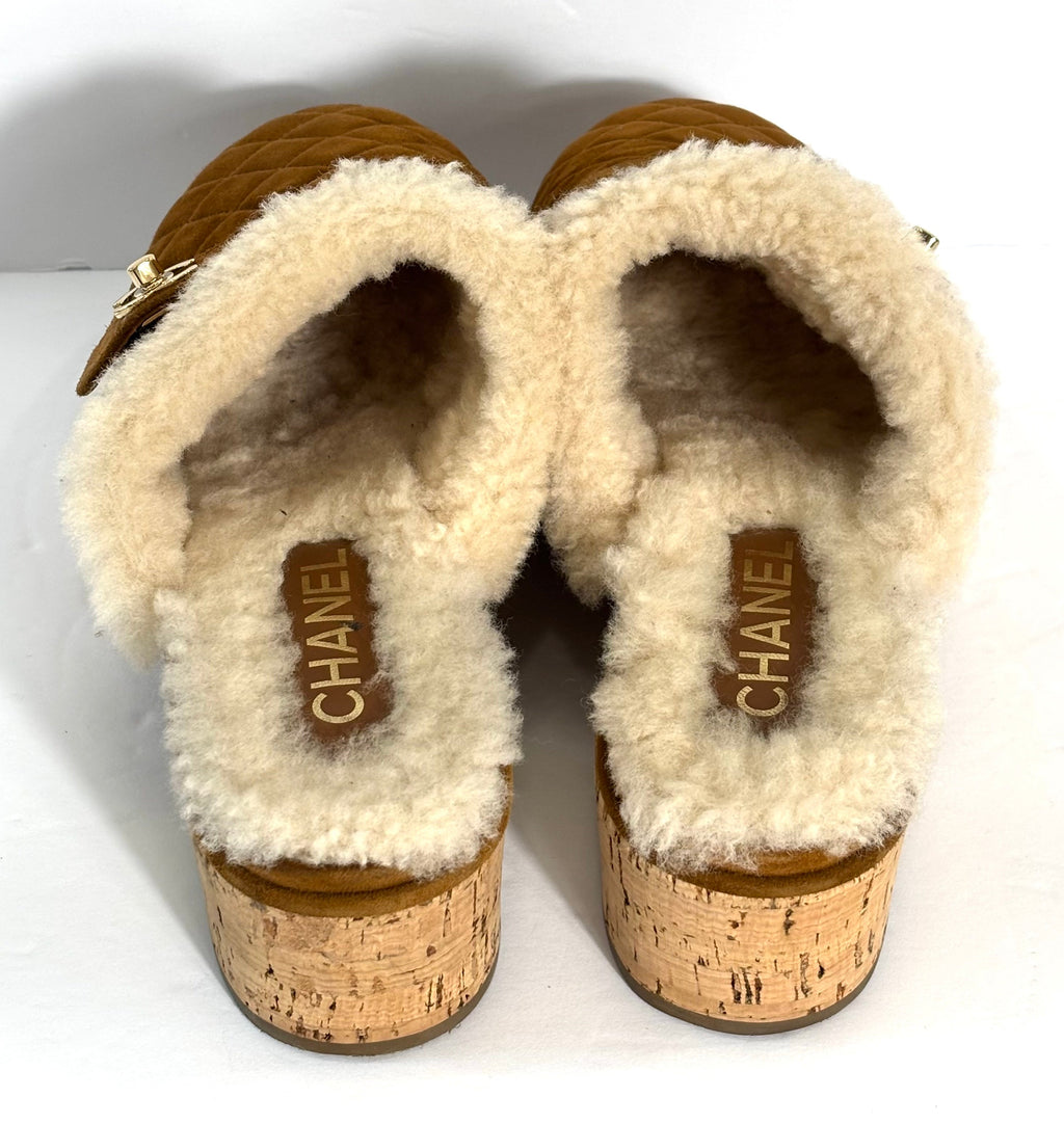 CHANEL SUEDE TURNLOCK CC LOGO SHEARLING MULE CLOGS