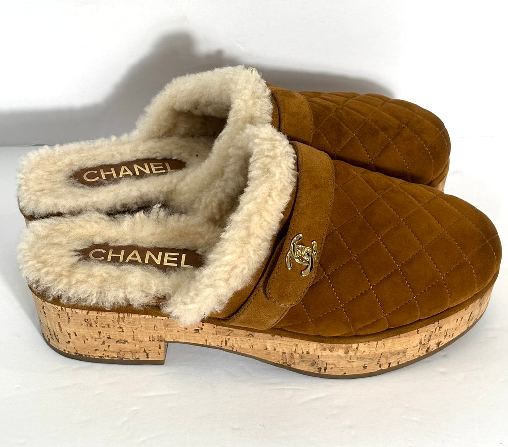 CHANEL SUEDE TURNLOCK CC LOGO SHEARLING MULE CLOGS