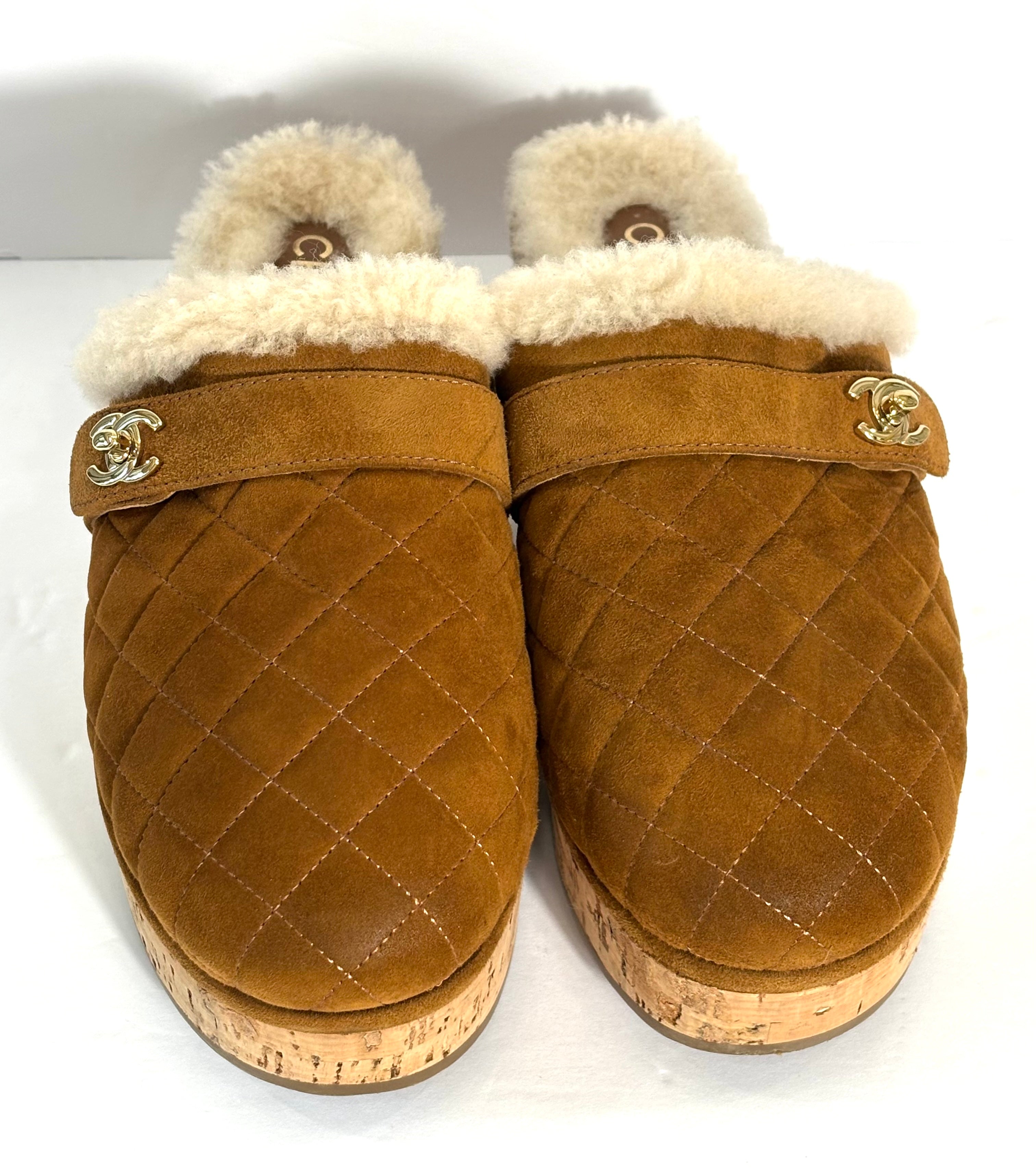 CHANEL SUEDE TURNLOCK CC LOGO SHEARLING MULE CLOGS
