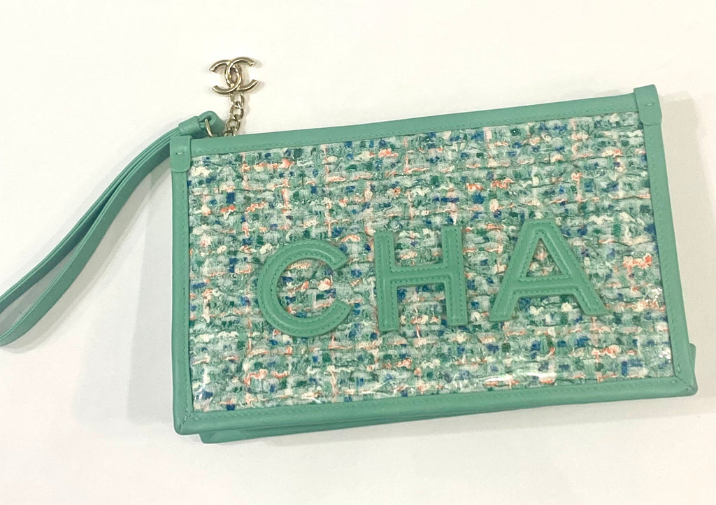CHANEL TWEED LAMBSKIN  PVC POUCH CLUTCH BAG