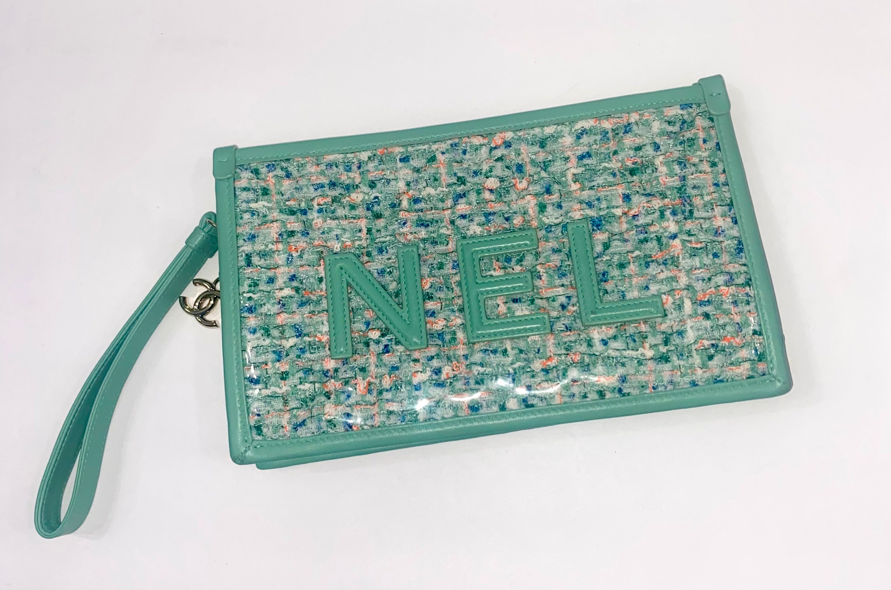 CHANEL TWEED LAMBSKIN  PVC POUCH CLUTCH BAG
