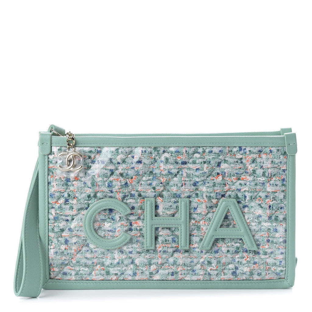 CHANEL TWEED LAMBSKIN  PVC POUCH CLUTCH BAG
