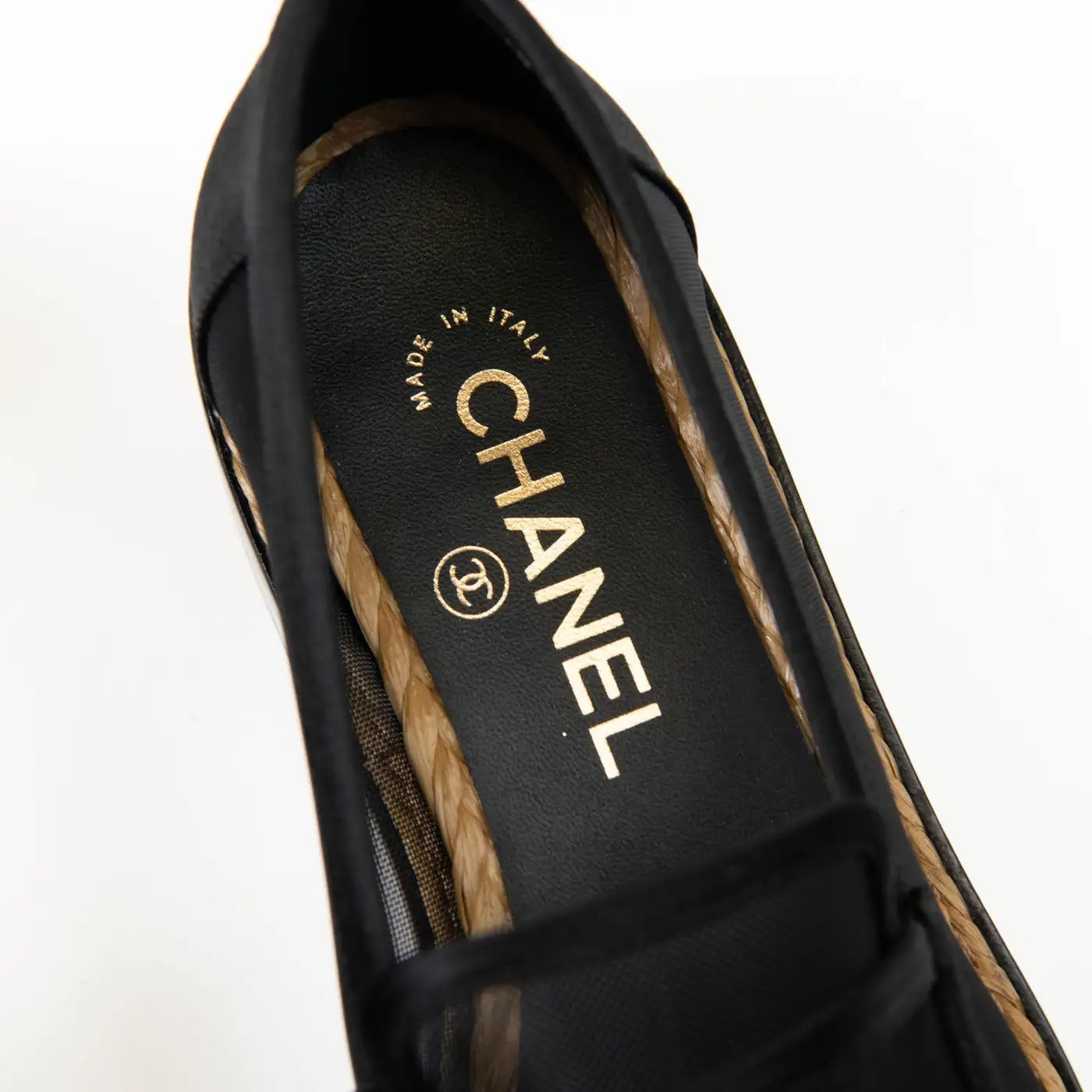 CHANEL MESH & SATIN BEADED CC SLIP-ON LOAFERS