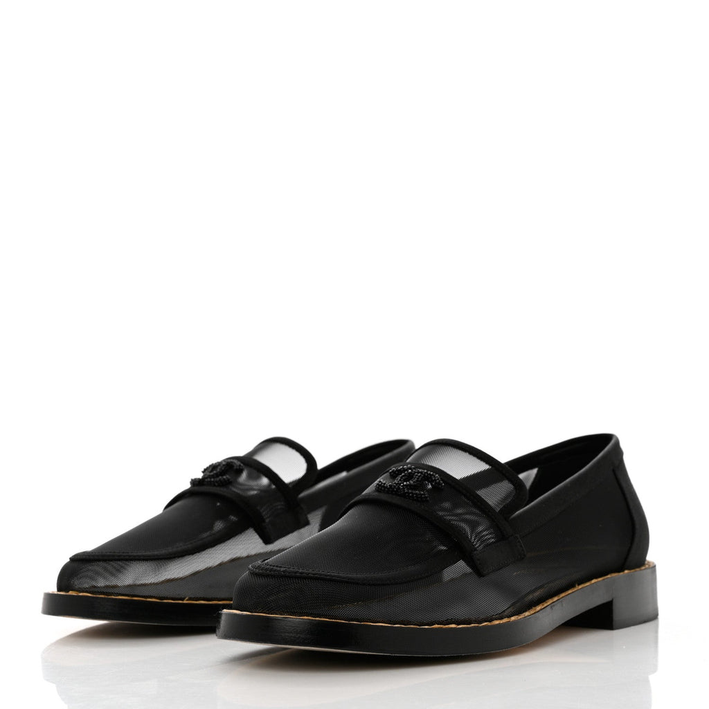 CHANEL MESH & SATIN BEADED CC SLIP-ON LOAFERS
