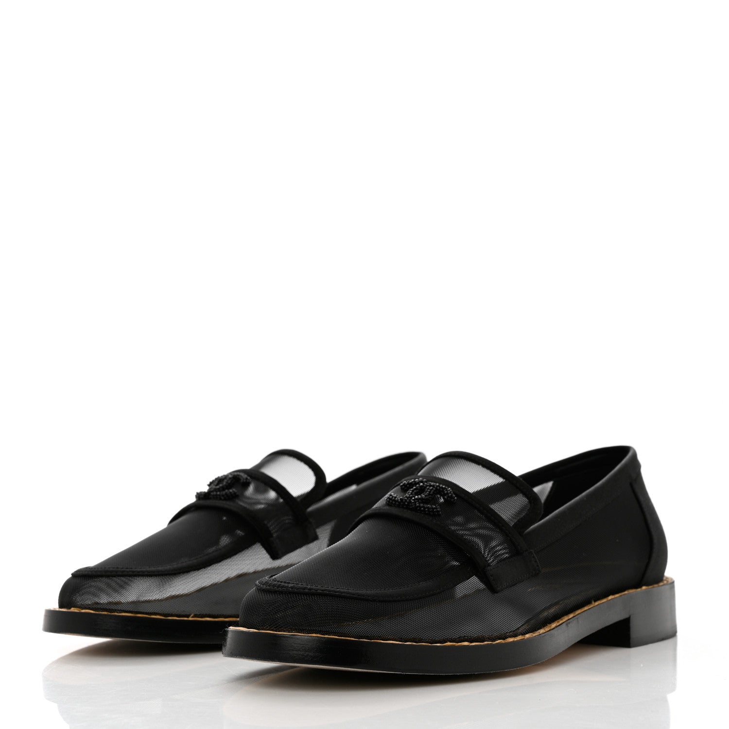 CHANEL MESH & SATIN BEADED CC SLIP-ON LOAFERS