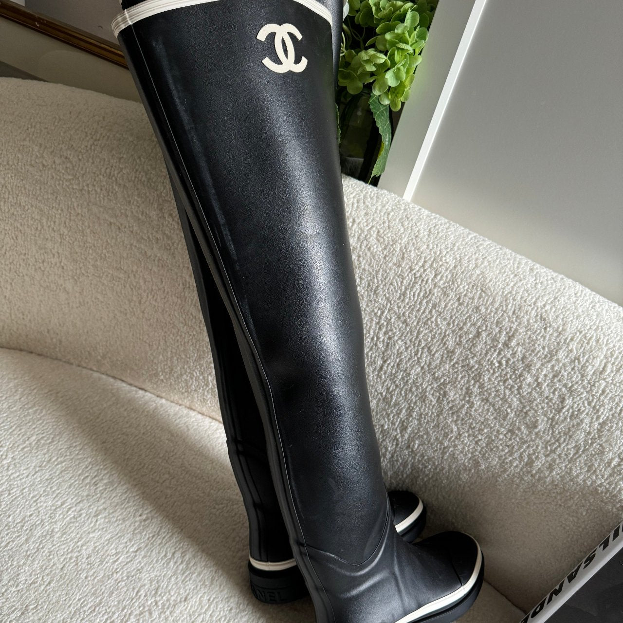 Chanel Rubber Over the Knee Boots in Black and White with CC Logo 36 Limited Edition