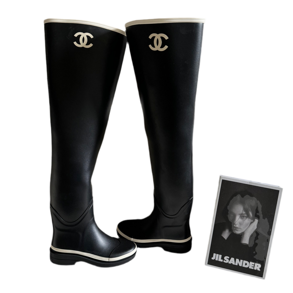 Chanel Rubber Over the Knee Boots in Black and White with CC Logo 36 Limited Edition