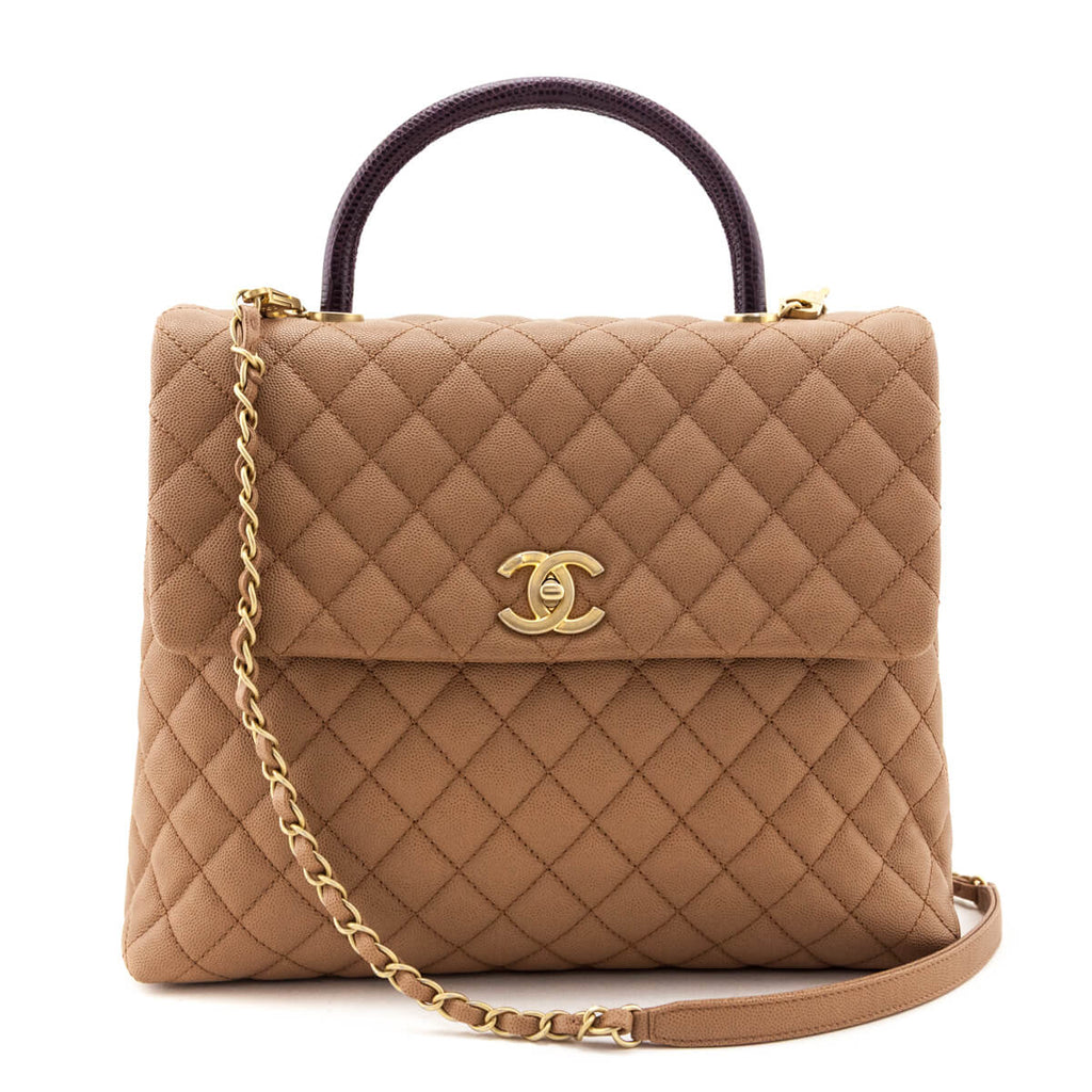 Chanel Beige Caviar & Lizard Quilted Large Coco Handle Flap Bag