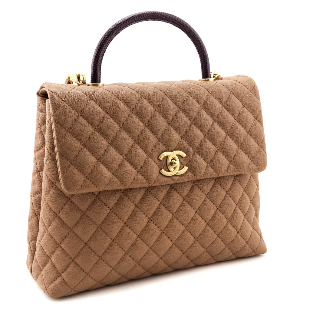 Chanel Beige Caviar & Lizard Quilted Large Coco Handle Flap Bag