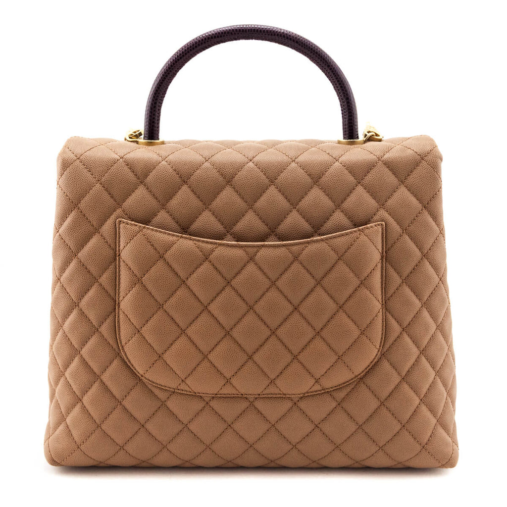 Chanel Beige Caviar & Lizard Quilted Large Coco Handle Flap Bag