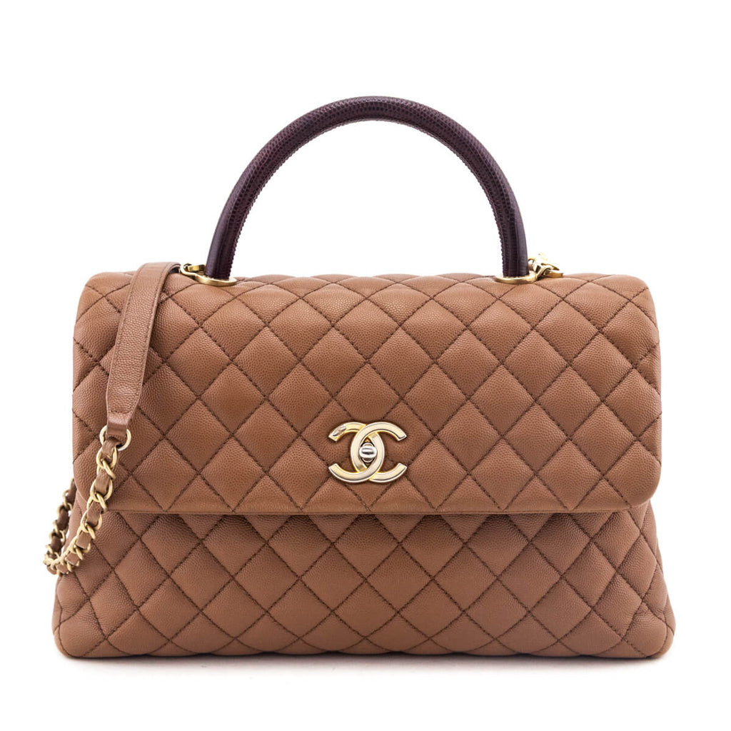 Chanel Beige Caviar & Lizard Quilted Medium Coco Handle Flap Bag