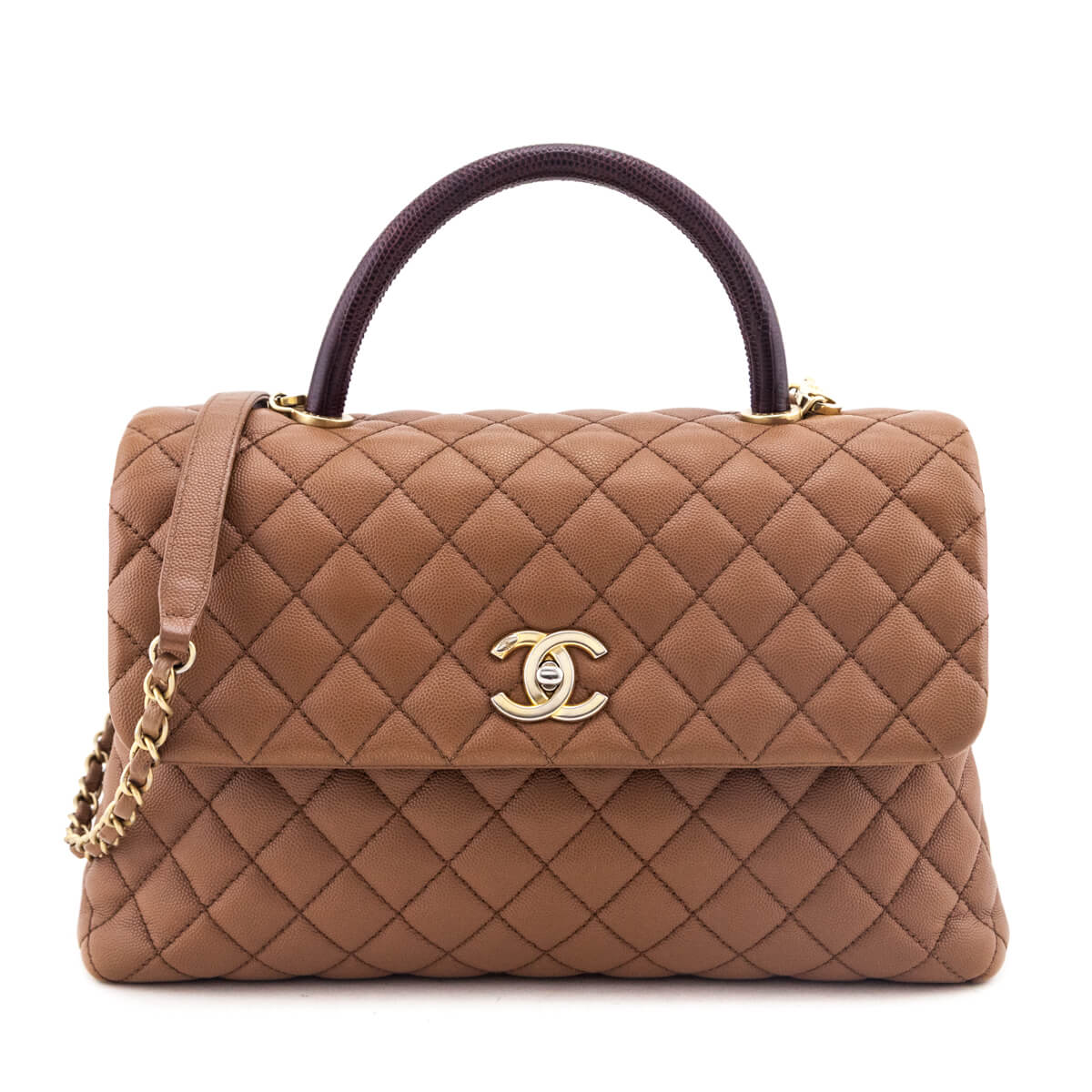 Chanel Beige Caviar & Lizard Quilted Medium Coco Handle Flap Bag