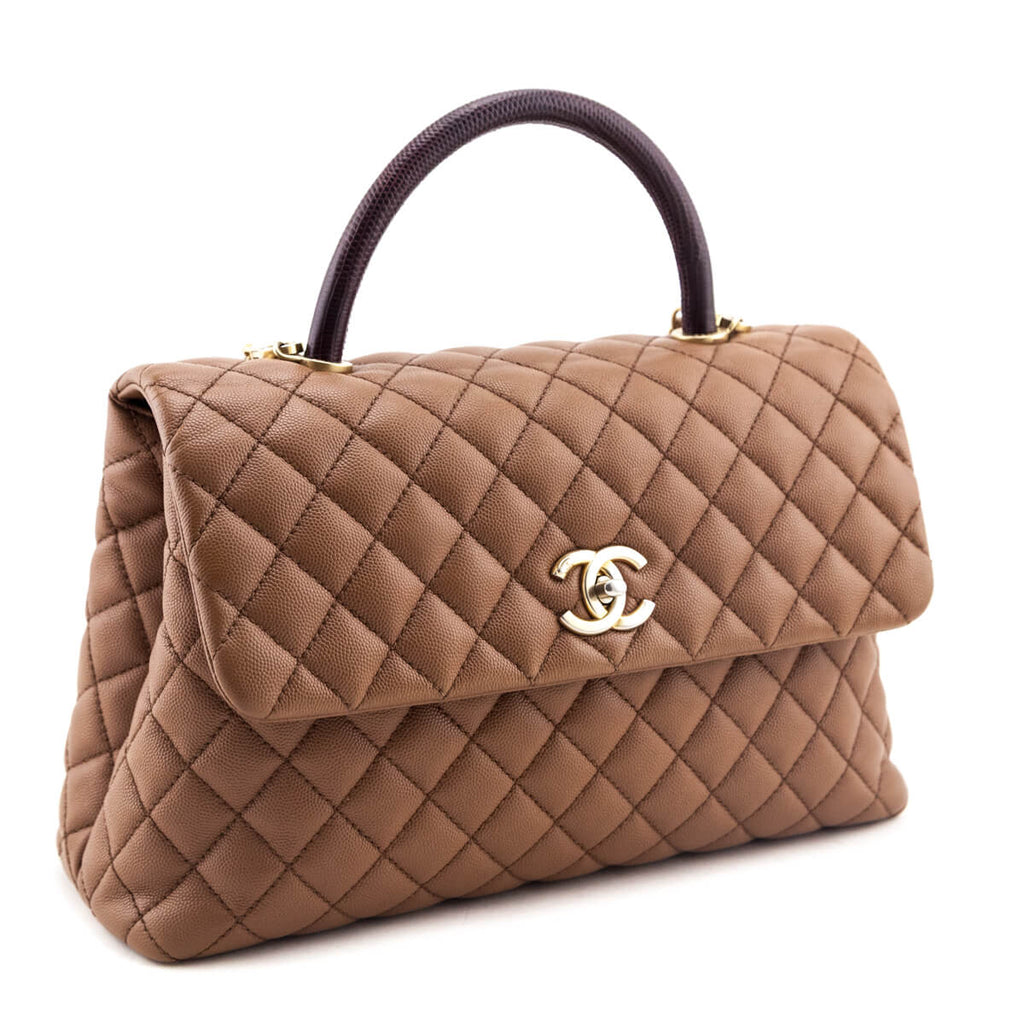 Chanel Beige Caviar & Lizard Quilted Medium Coco Handle Flap Bag