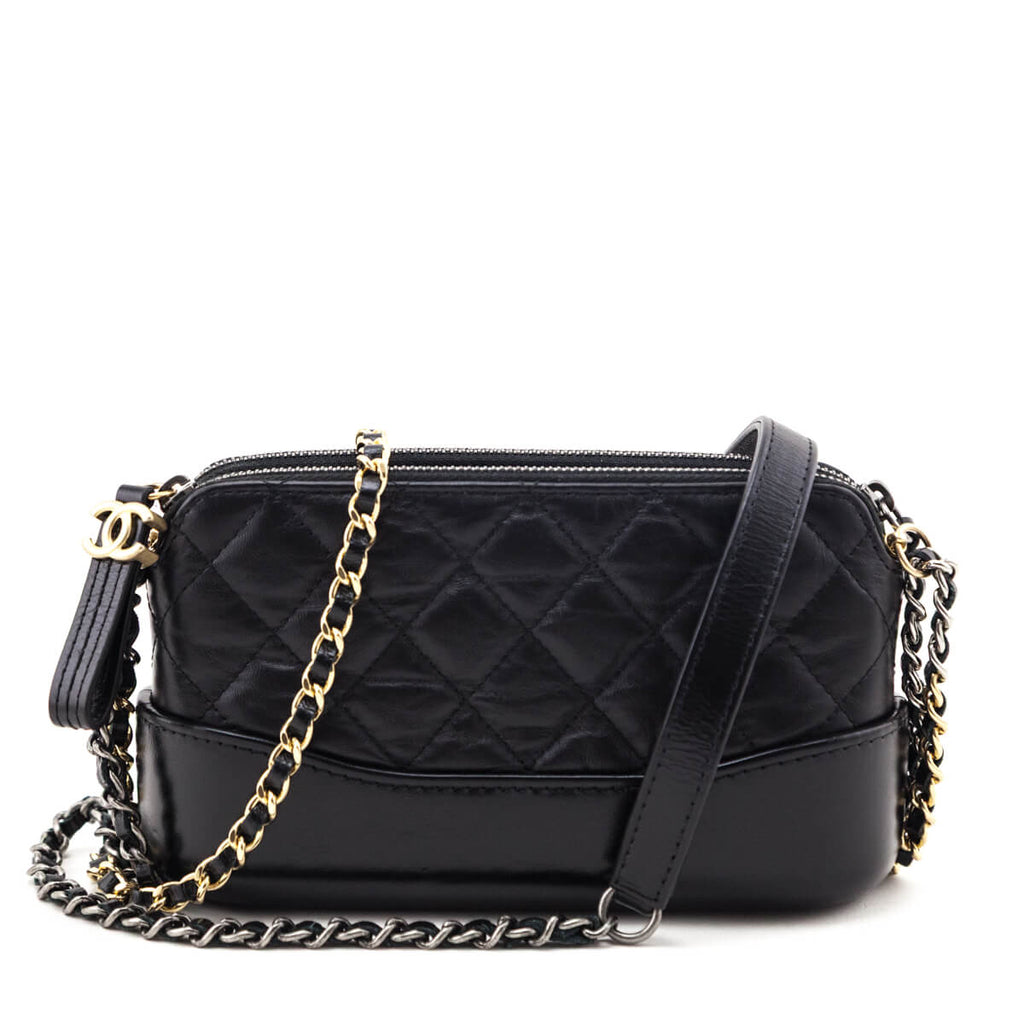 Chanel Black Aged Calfskin Quilted Small Gabrielle Clutch With Chain