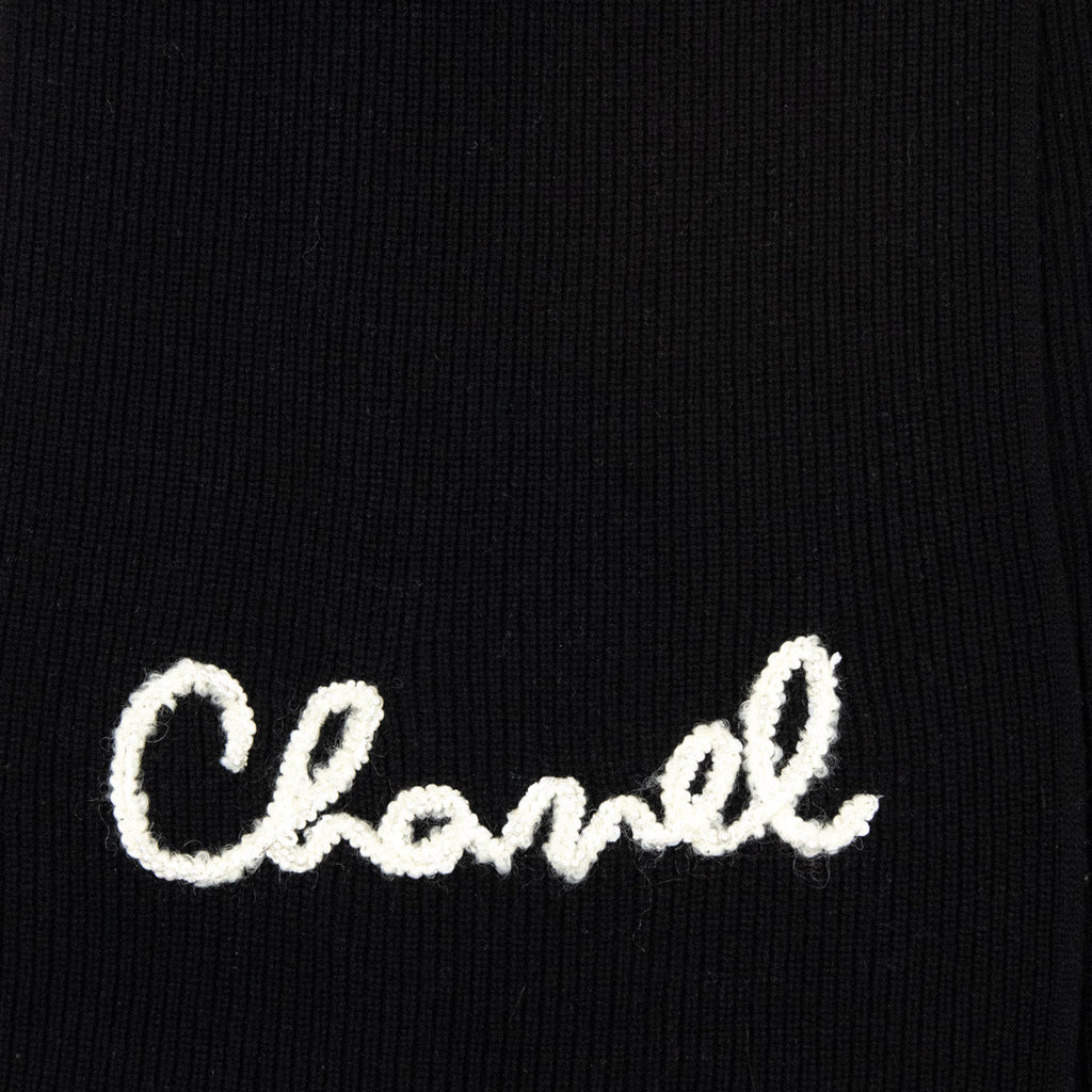 Chanel Black Cashmere Knit Pearl Embellished Logo Scarf