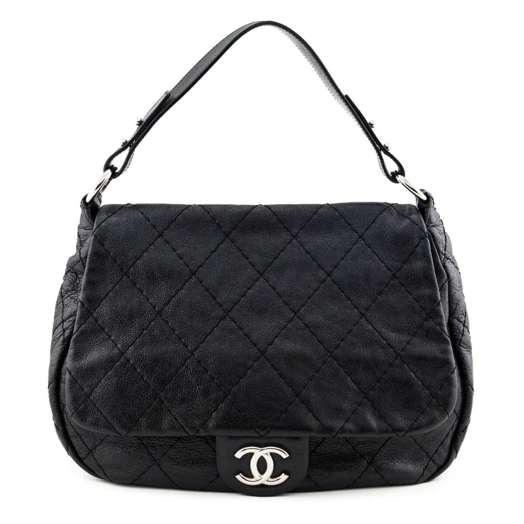 Chanel Black Glazed Calfskin Stitched XL On The Road Flap