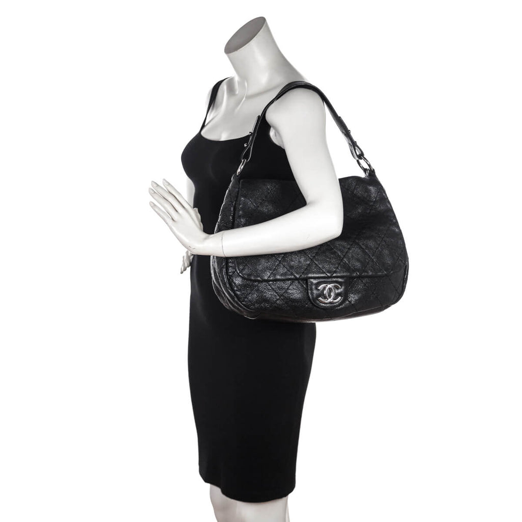 Chanel Black Glazed Calfskin Stitched XL On The Road Flap