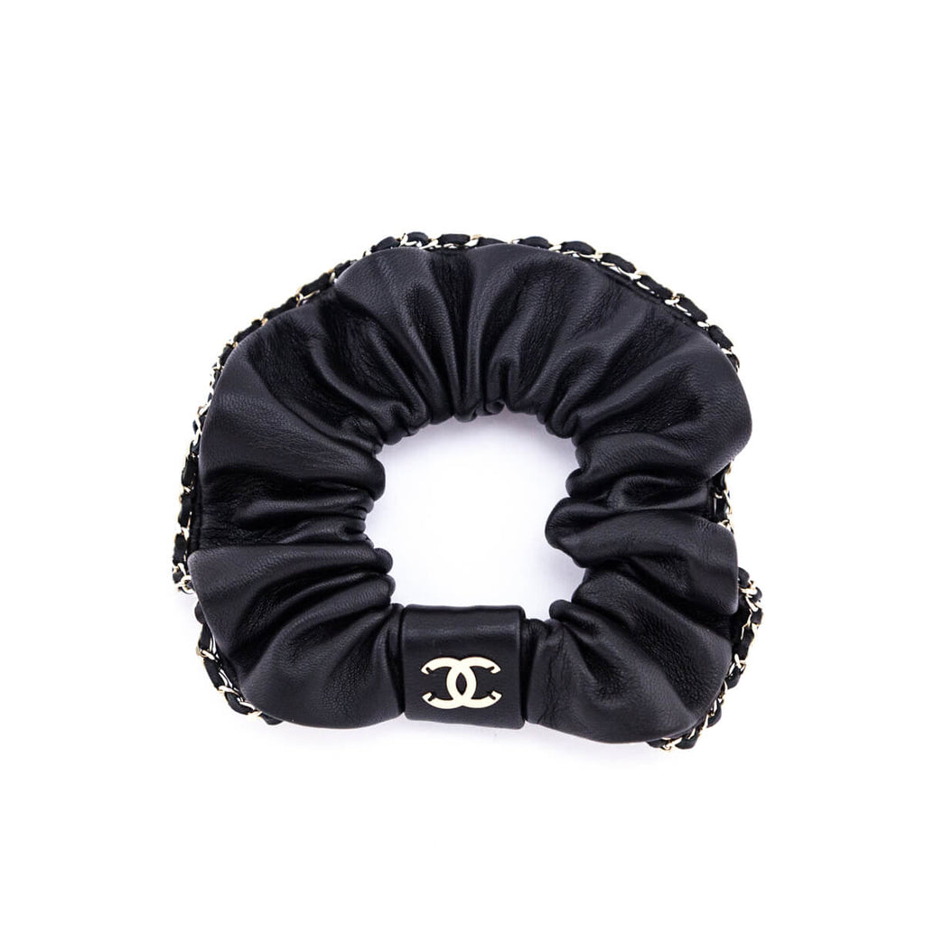 Chanel Black Leather & Chain CC Scrunchie