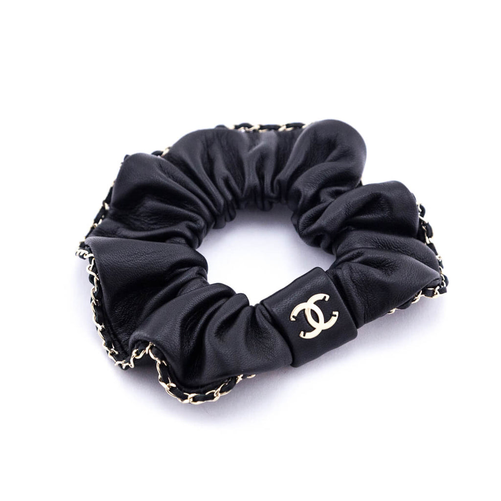Chanel Black Leather & Chain CC Scrunchie