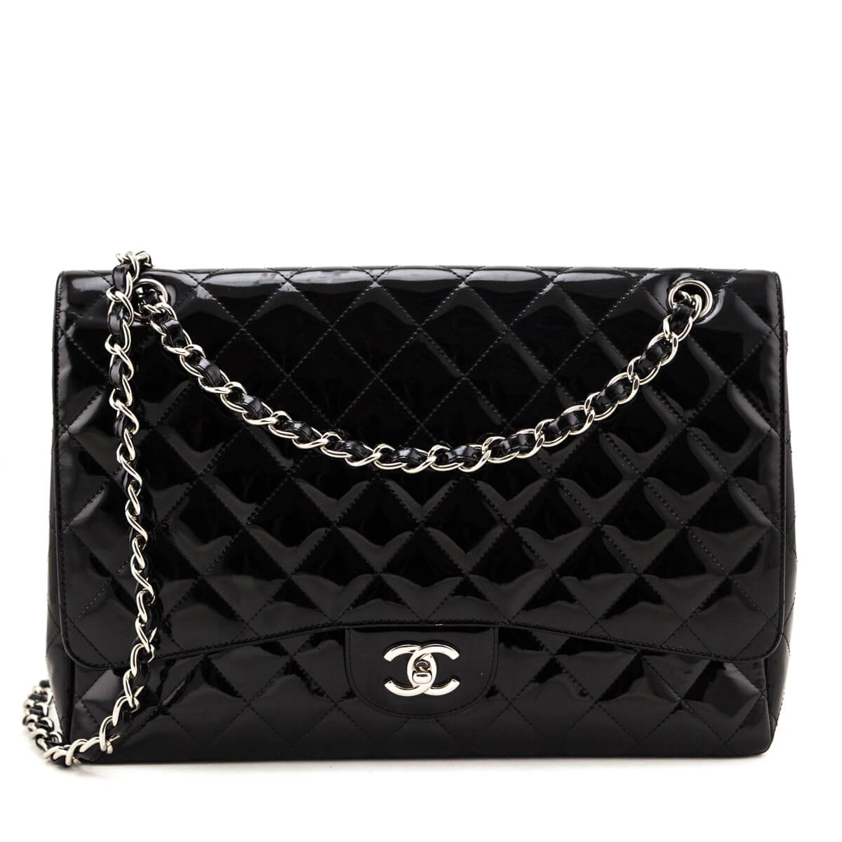 Chanel Black Patent Quilted Jumbo Single Flap