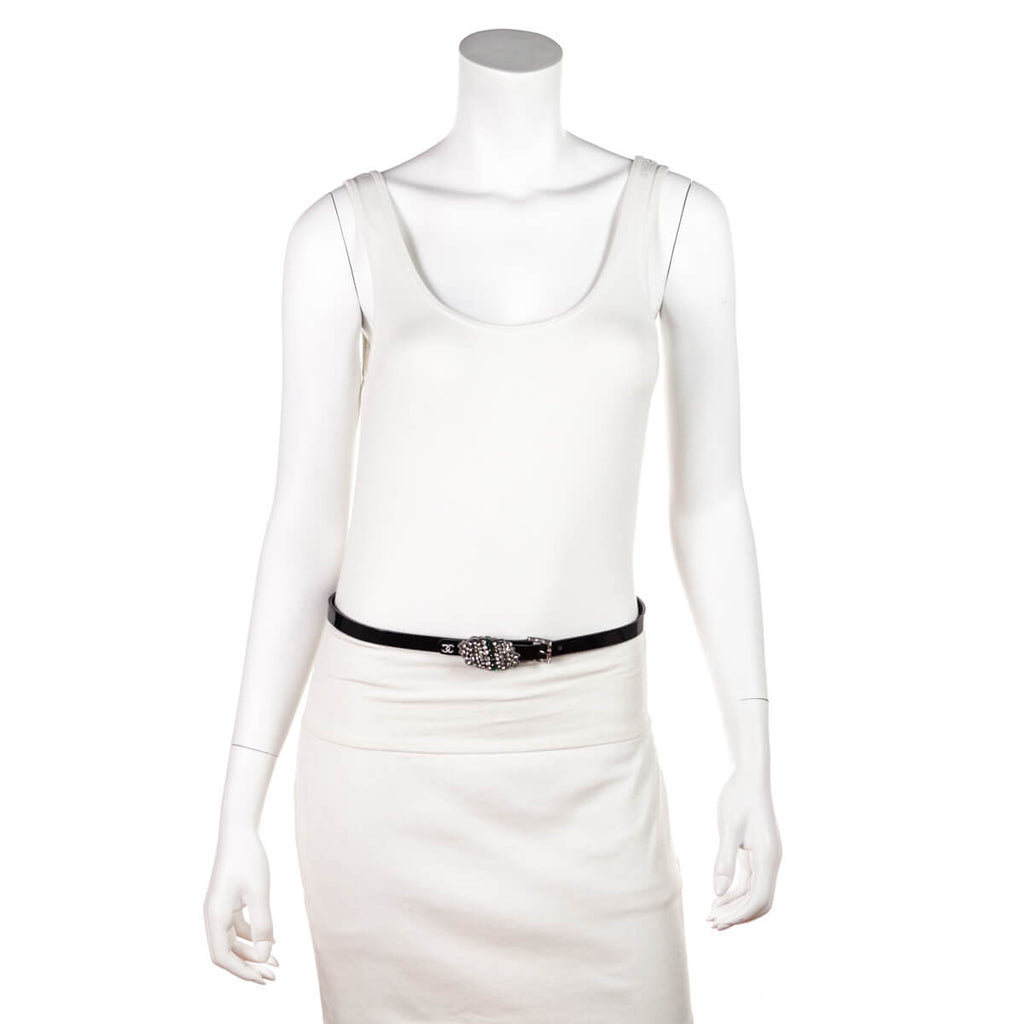 Chanel Black Patent & Strass Skinny Belt Size L