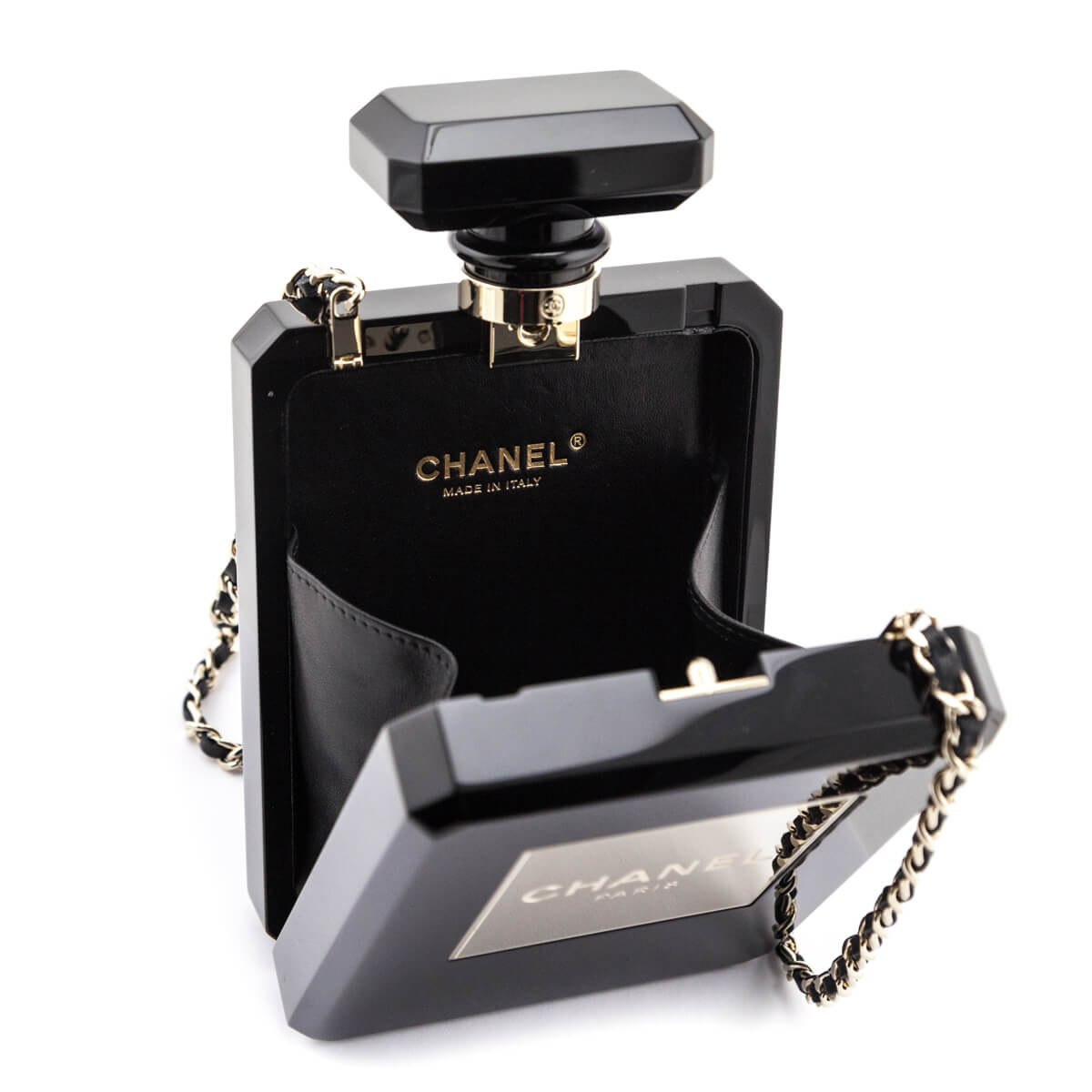 Chanel Black Plexiglass Perfume Bottle Minaudiere