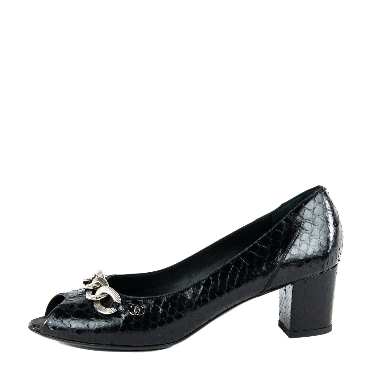 Chanel Black Python Chain CC Peep Toe Pumps Size US 10.5 | EU 40.5