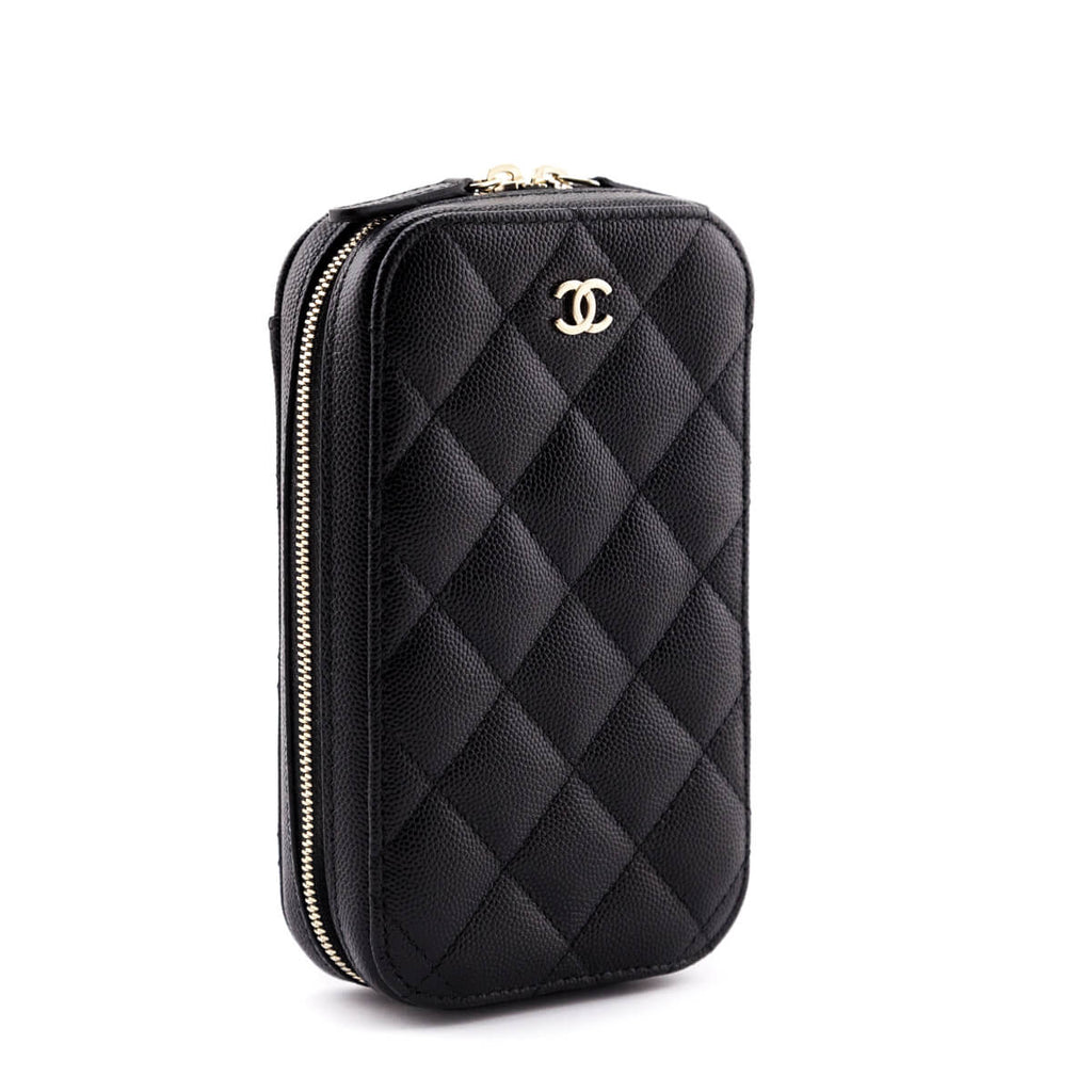 Chanel Black Quilted Caviar Zip Around Chain Phone Case