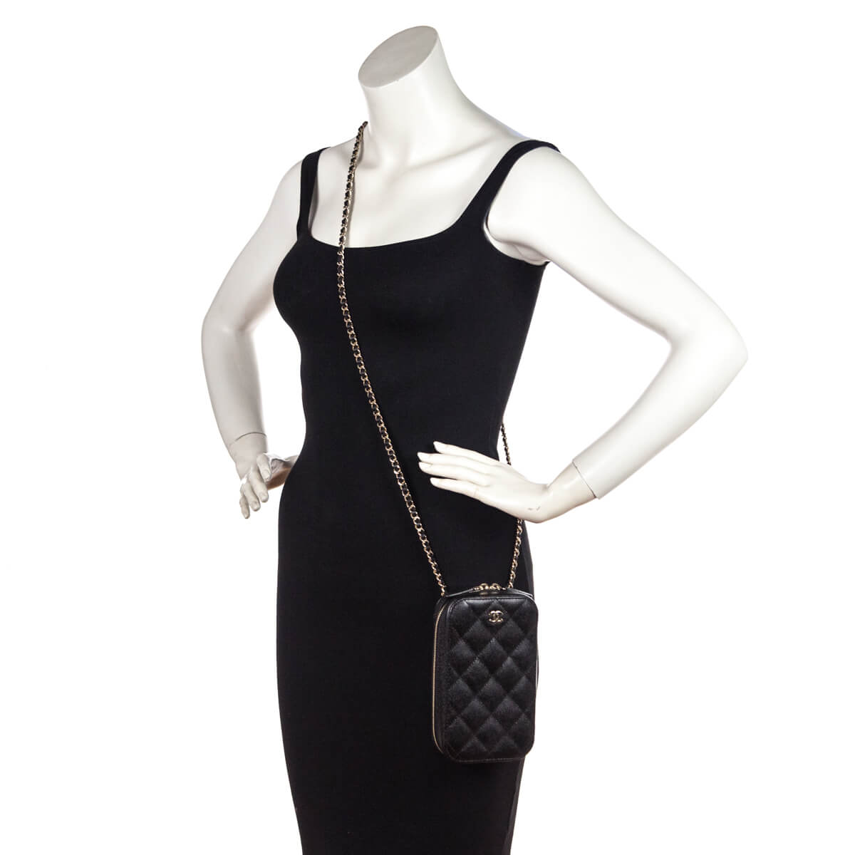 Chanel Black Quilted Caviar Zip Around Chain Phone Case