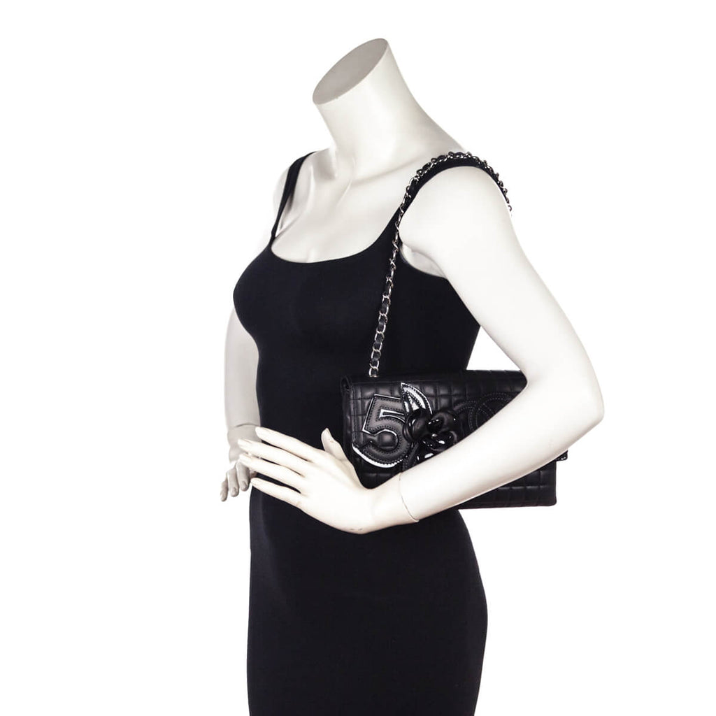 Chanel Black Quilted Lambskin Chocolate Bar Camellia No. 5 Pochette