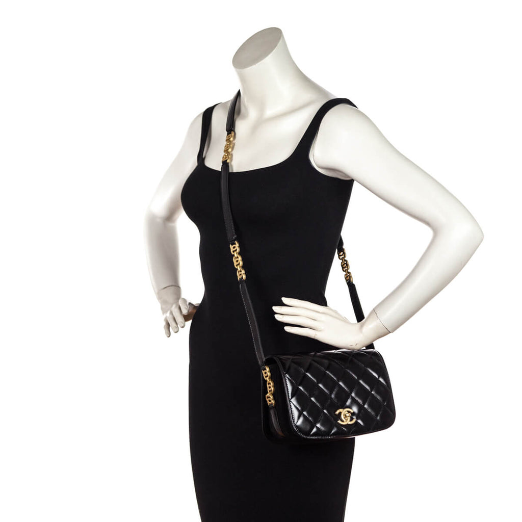 Chanel Black Quilted Shiny Calfskin & Suede Mini Messenger Bag
