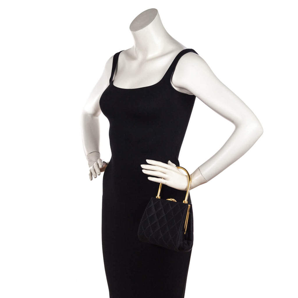 Chanel Black Satin Vintage Quilted Frame Evening Bag