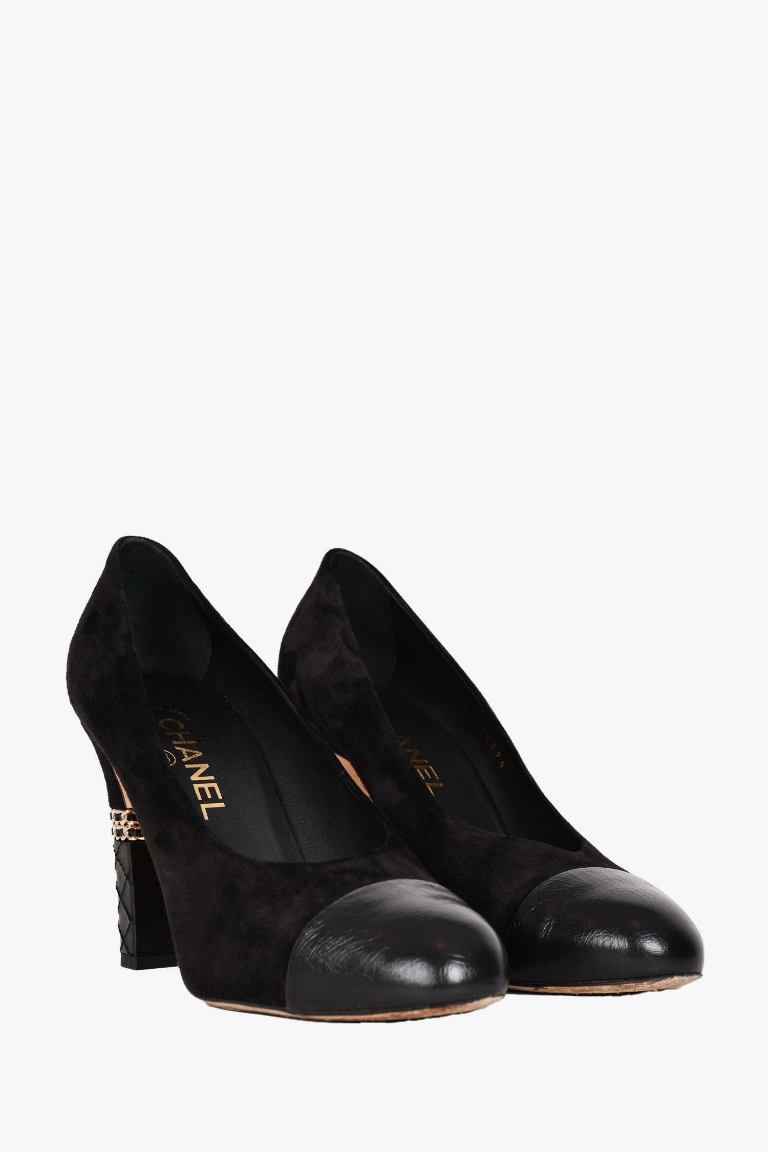 Pre-loved Chanel™ Black Suede Leather Chain Detailed Heels Size 39