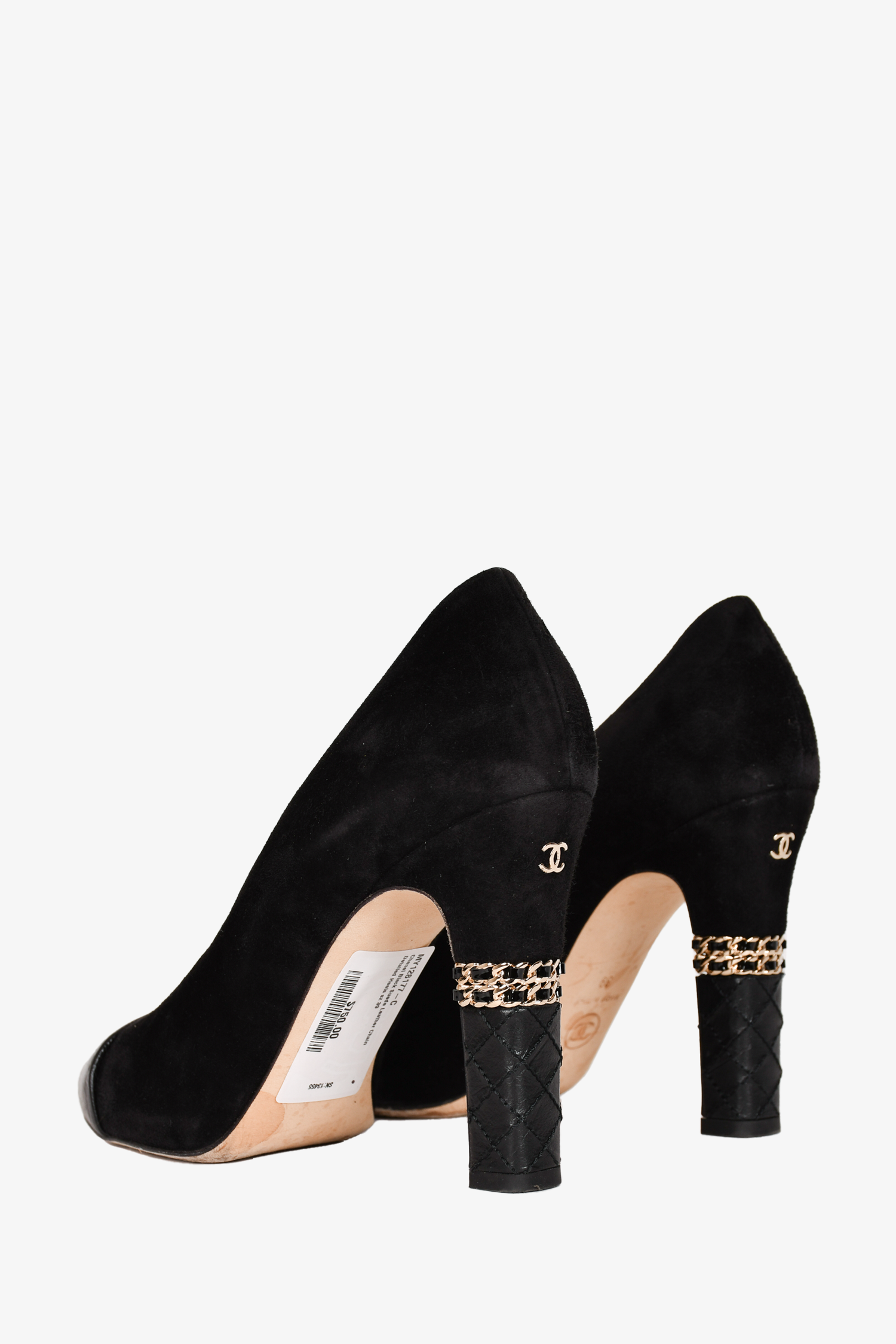 Pre-loved Chanel™ Black Suede Leather Chain Detailed Heels Size 39