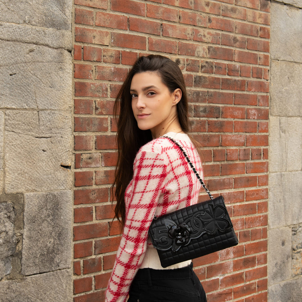 Chanel Black Quilted Lambskin Chocolate Bar Camellia No. 5 Pochette