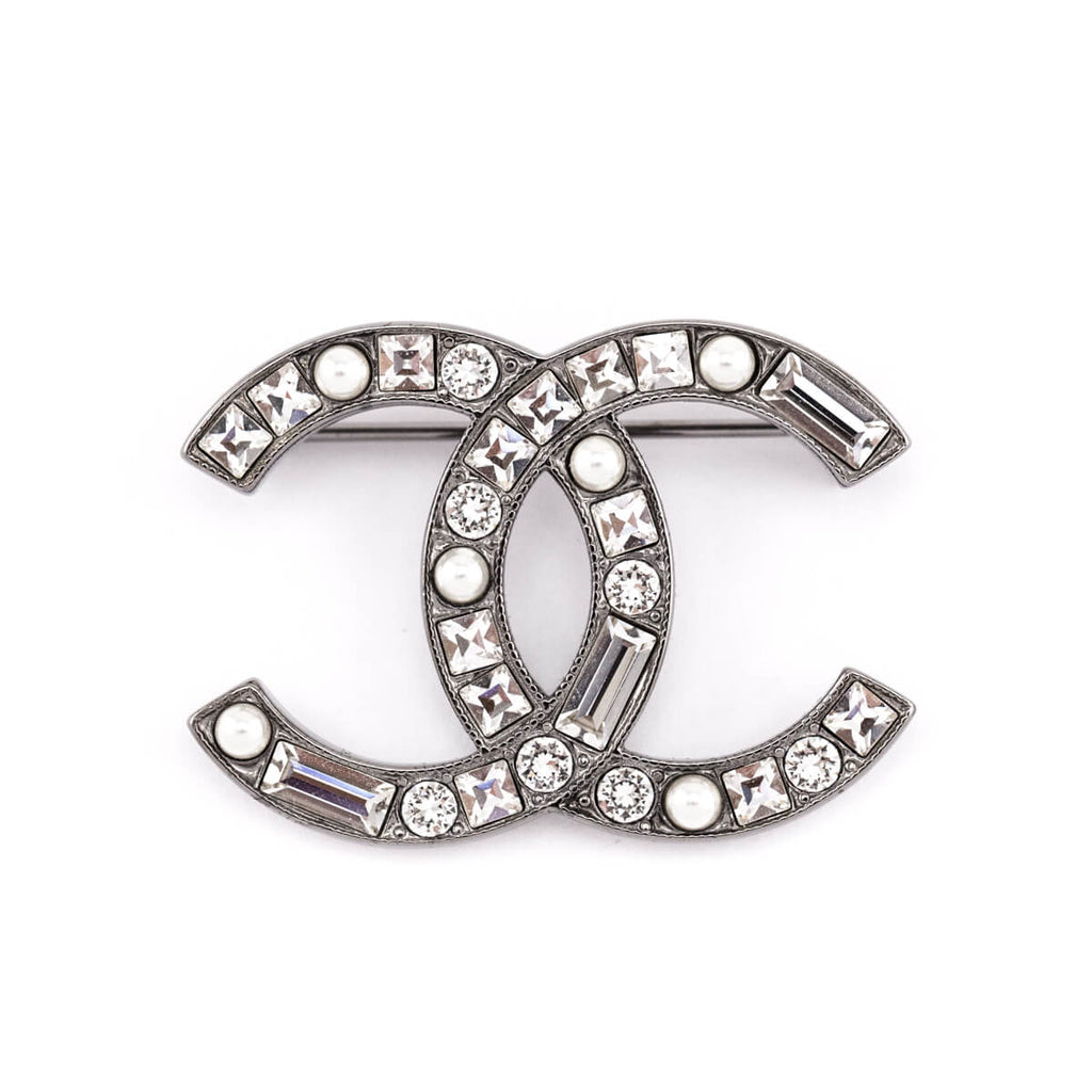 Chanel Crystal & Faux Pearl CC Brooch