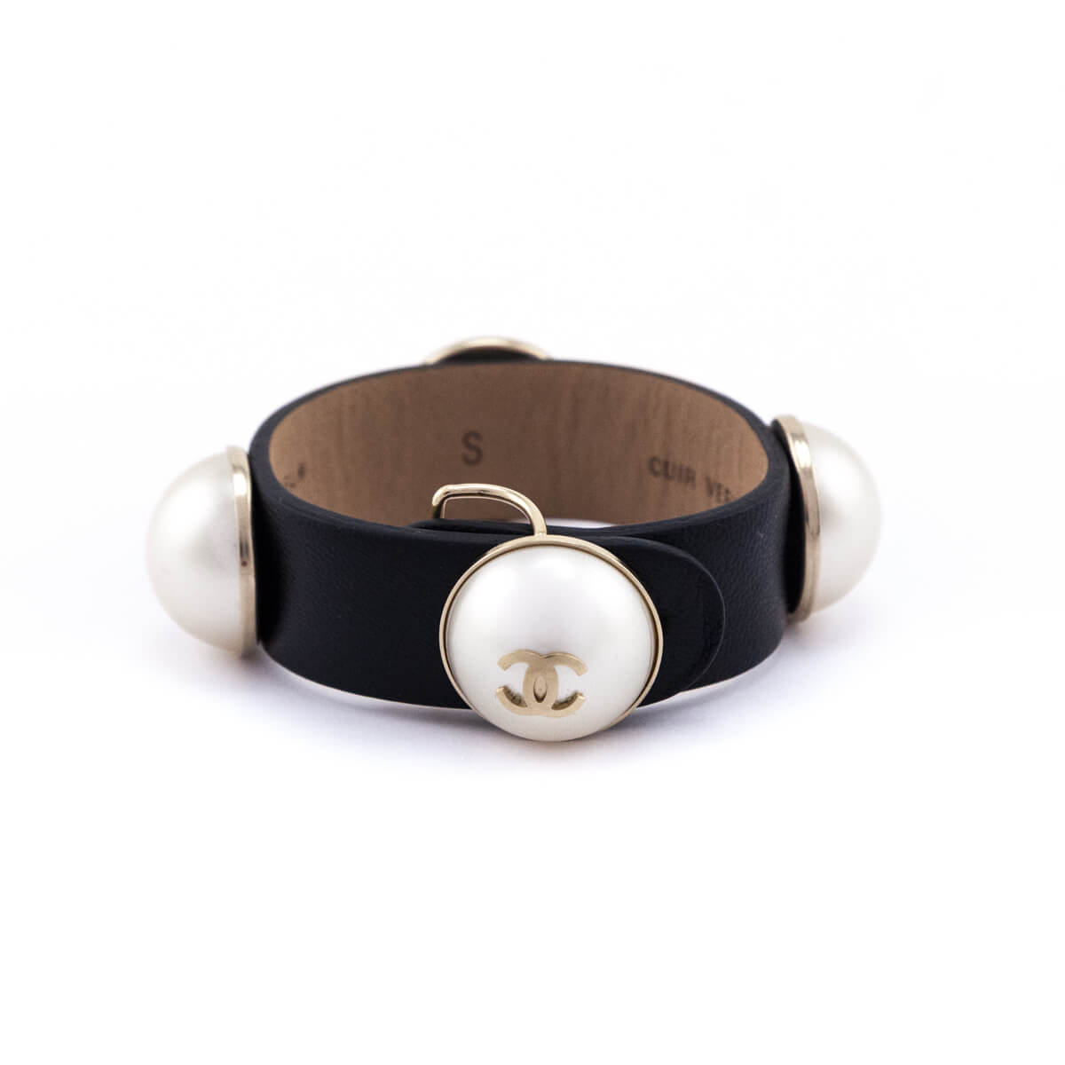 Chanel Faux Pearl & Black Leather Wrap Bracelet