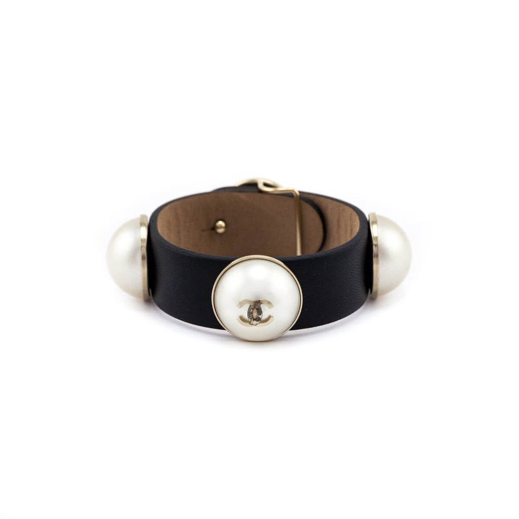 Chanel Faux Pearl & Black Leather Wrap Bracelet
