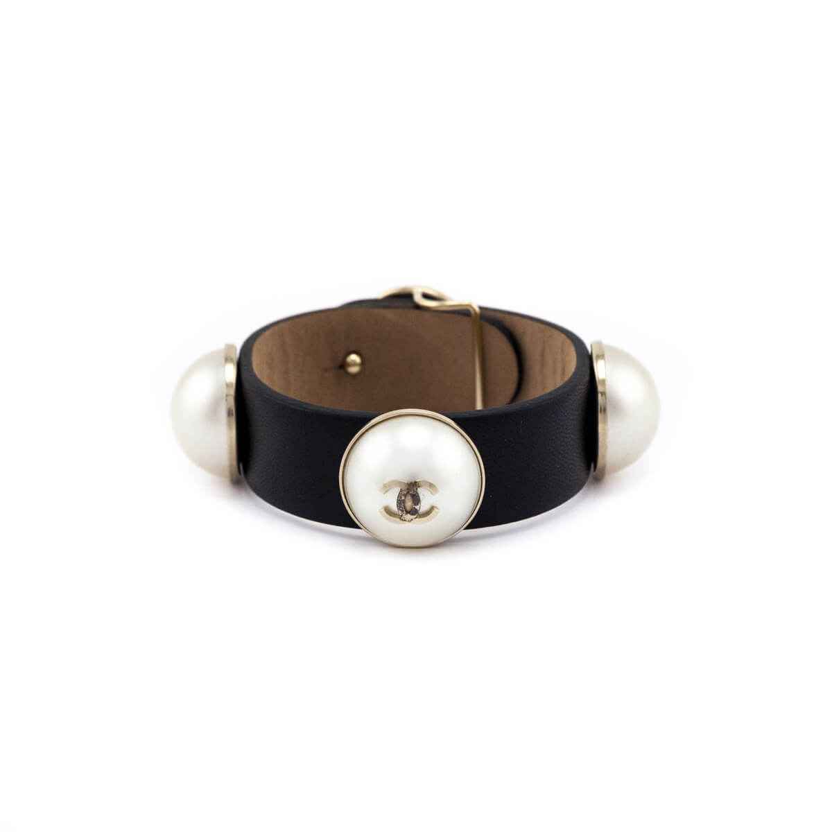 Chanel Faux Pearl & Black Leather Wrap Bracelet