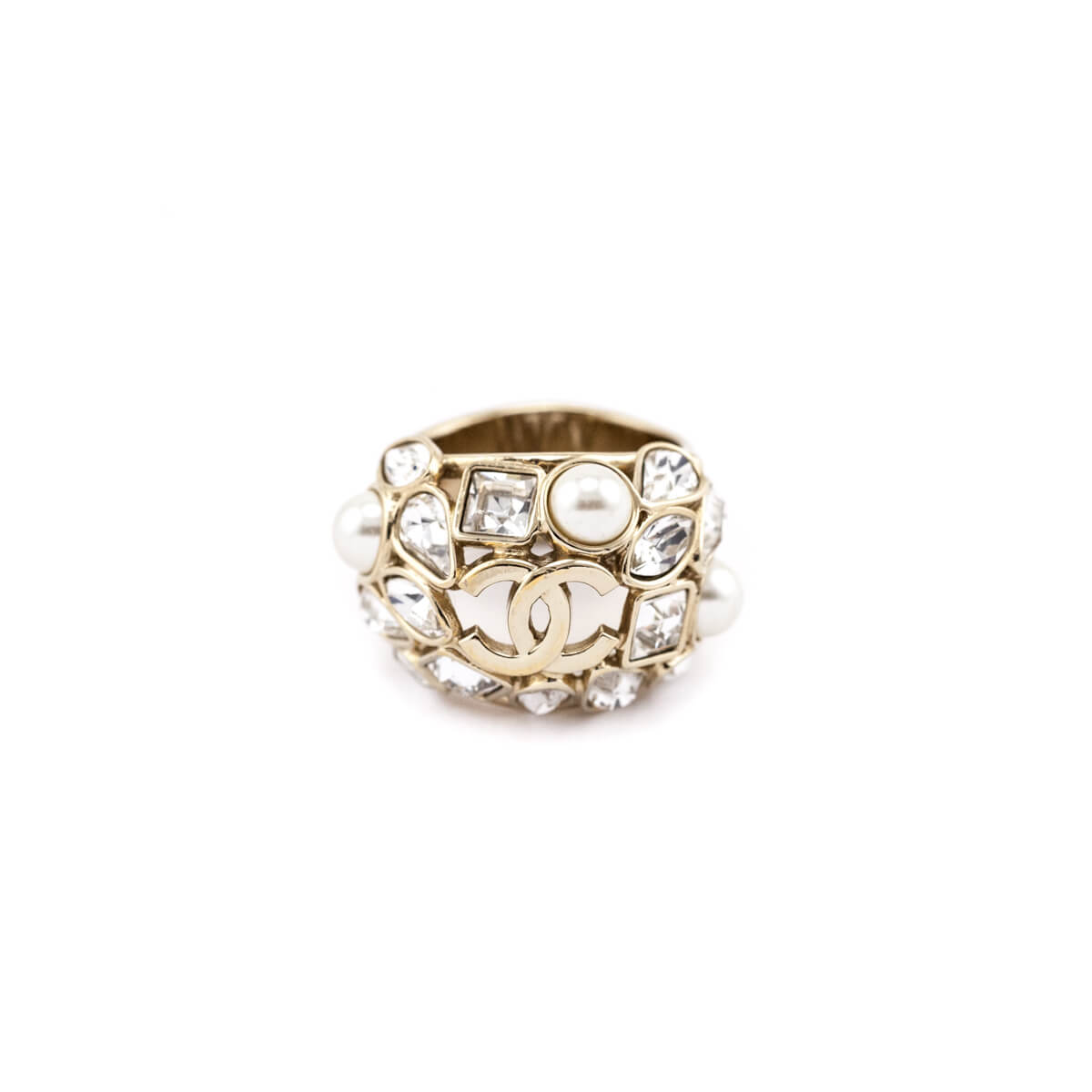 Chanel Gold-Tone, Faux Pearl & CC Cocktail Ring Size US 7.25