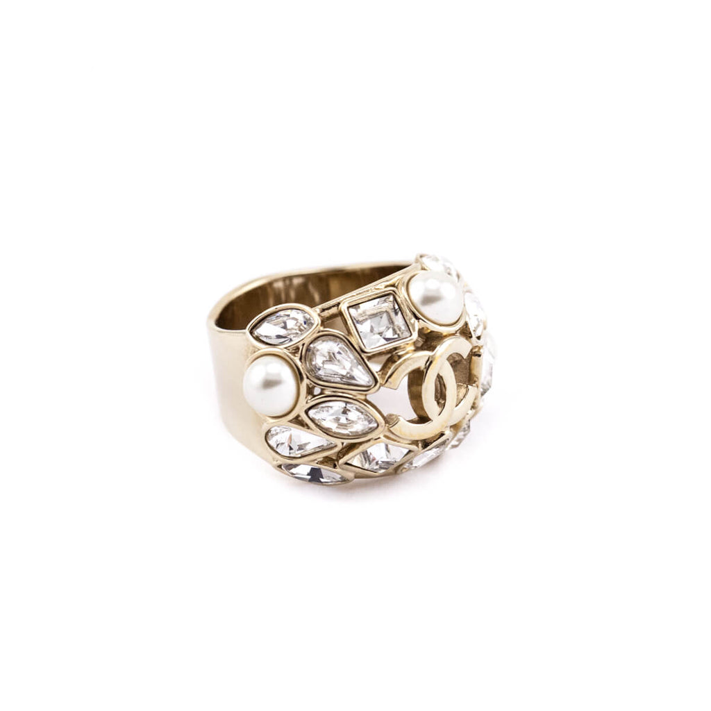 Chanel Gold-Tone, Faux Pearl & CC Cocktail Ring Size US 7.25
