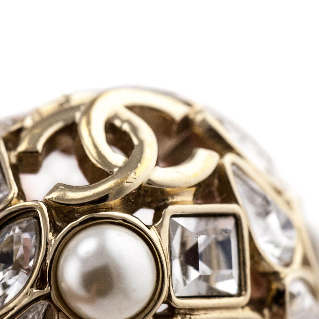 Chanel Gold-Tone, Faux Pearl & CC Cocktail Ring Size US 7.25