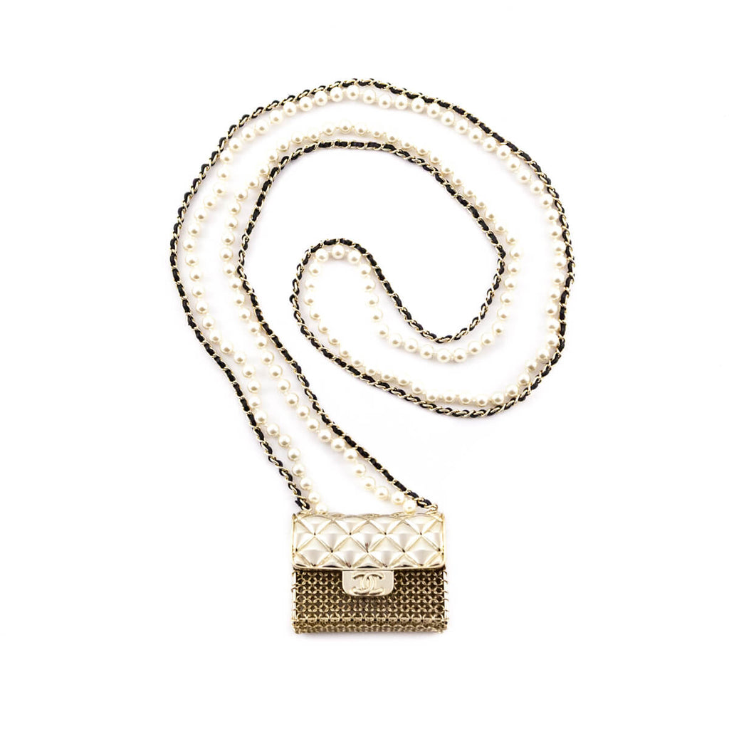Chanel Gold-Tone & Faux Pearl Chain Flap Bag Long Necklace