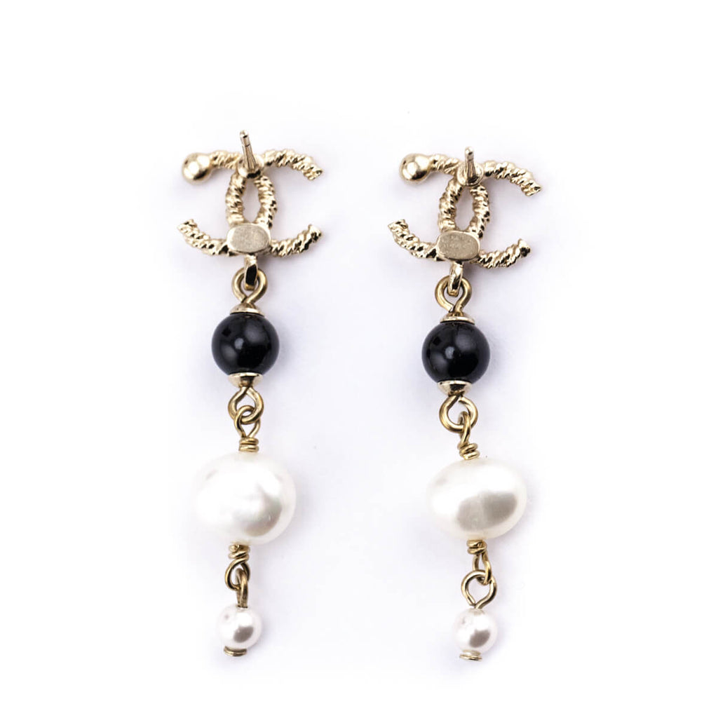 Chanel Gold Faux Pearl & Crystal Embellished CC Drop Earrings