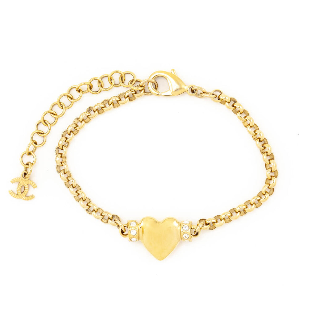 Chanel Gold Strass Heart Charm Link Bracelet