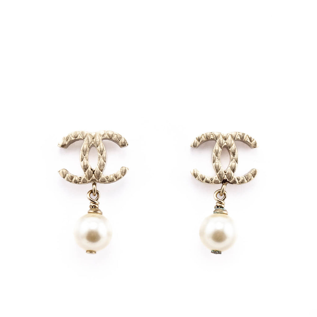 Chanel Gold Tone CC Faux Pearl Drop Earrings