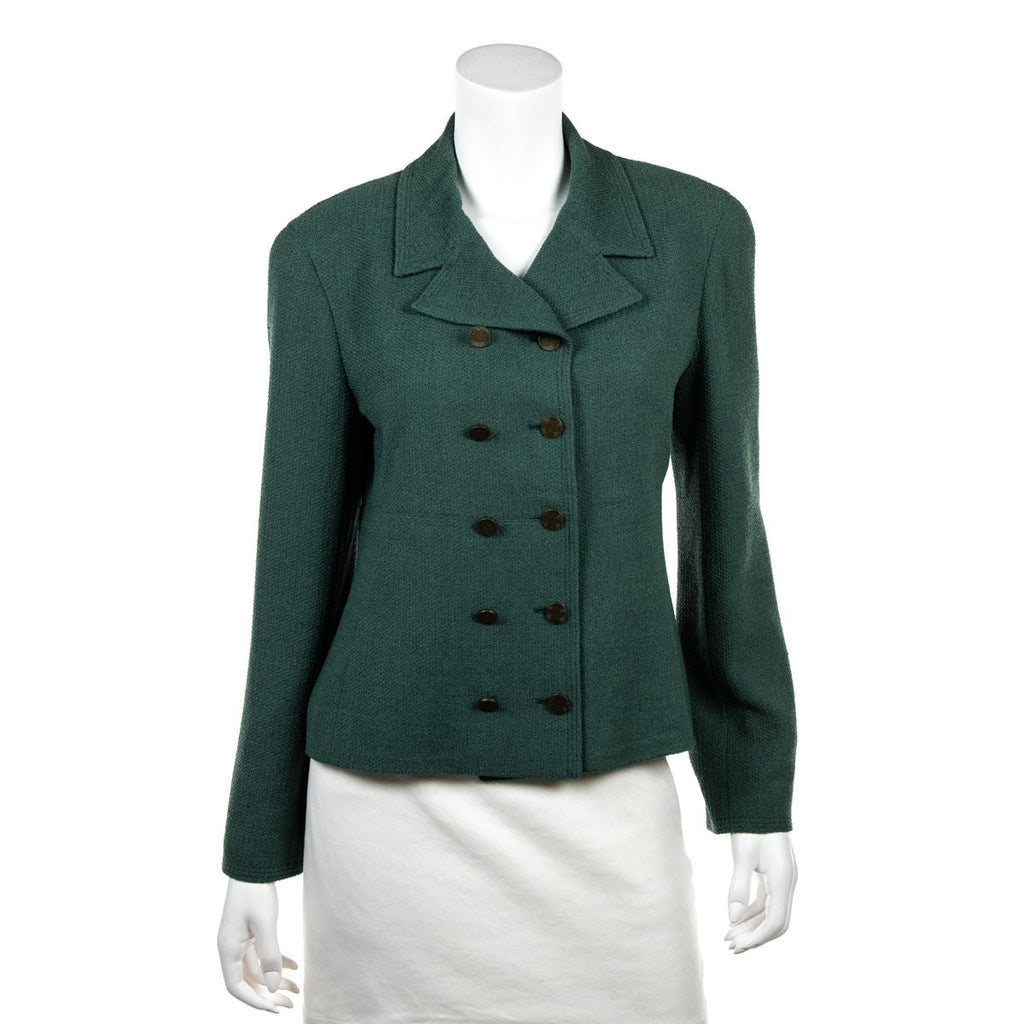 Chanel Green Tweed Vintage Double Breasted Jacket Size L | FR 42