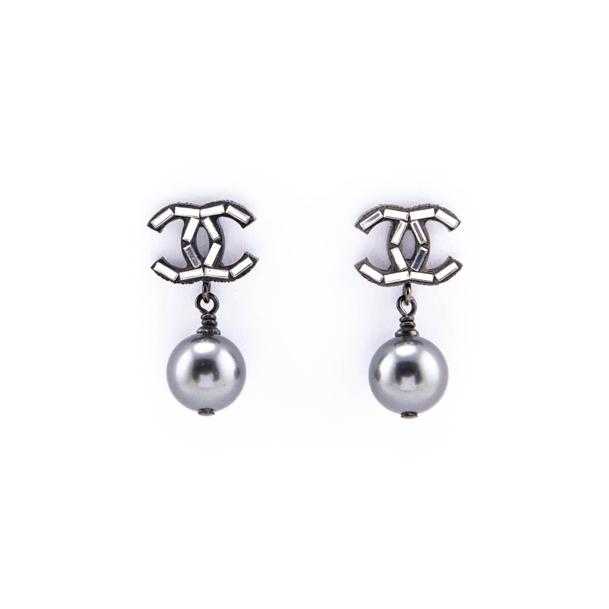 Chanel Gray Faux Pearl & Strass CC Drop Earrings